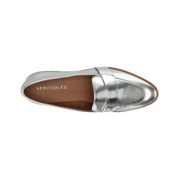 Aerosoles Eden Loafers Flats Low Heel Metallic Silver Comfortable Work Office - Picture 1 of 7